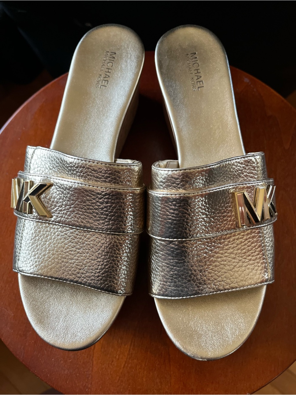 Michael Kors Metallic Gold Slide Mules with MK Logo NWOT